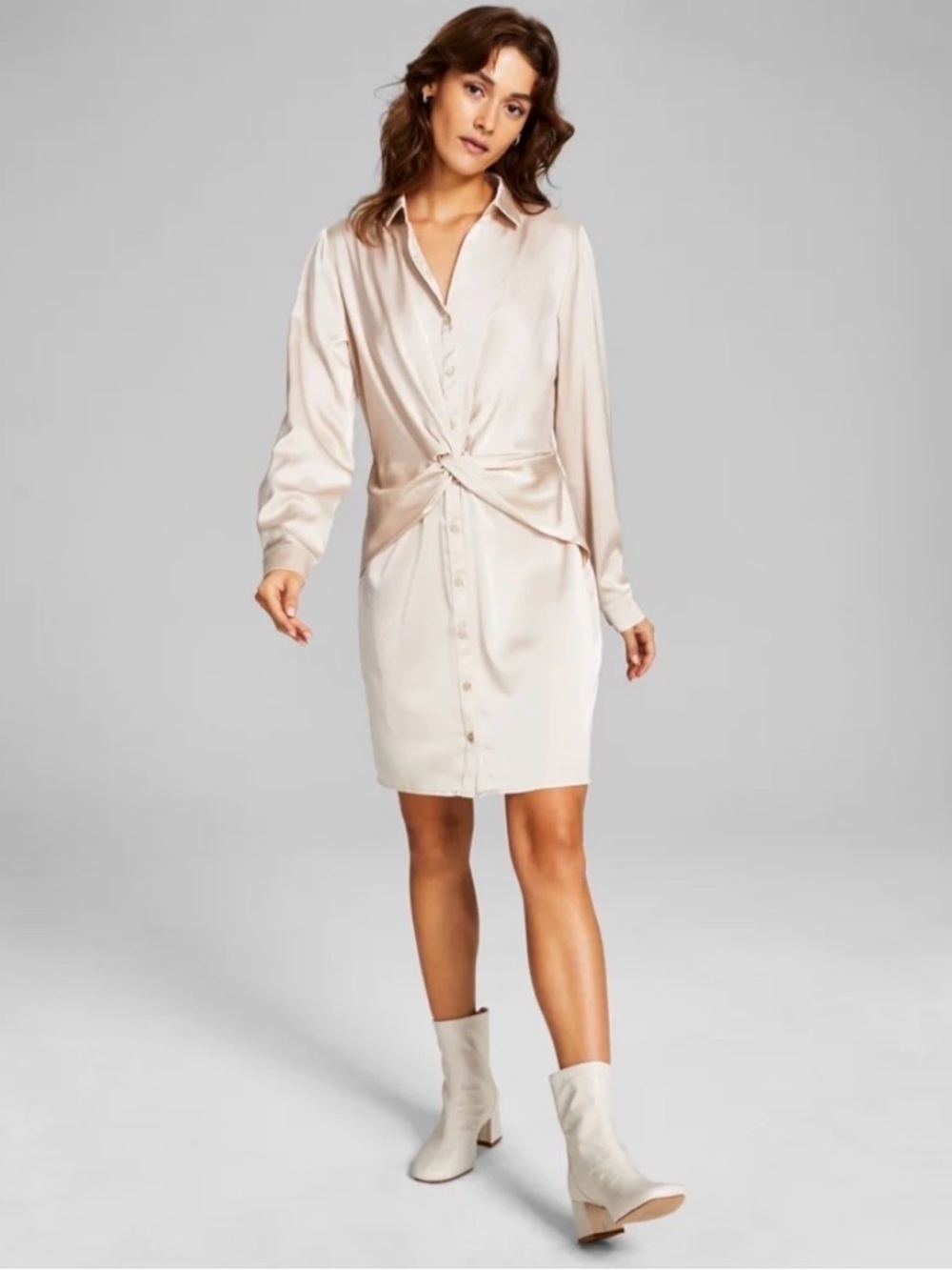 Twisted Front Satin Shirt Dress in Champagne